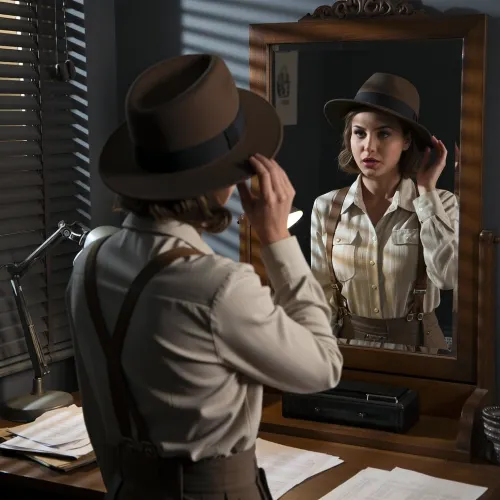 A cinematic, photorealistic noir-inspired scene of a stylish female private detective in a 1940s office, trying on a fedora in front of a mirror. She is in her late twenties, intelligent and self-possessed, wearing a fitted shirt with suspenders and period-inspired detective styling. She tilts the fedora slightly with one hand and studies herself with a cool, questioning expression, as if asking whether the hat works for her. Venetian blind shadows fall across the room from a nearby window, creating classic noir lighting. The office contains a wooden desk, papers, a desk lamp, and a slightly worn atmosphere. The mirror and hat are both be clearly important to the composition, and the focus is on her reflection in the mirror. The mood is cinematic, stylish, dryly humorous, and strongly character-driven. Realistic anatomy, realistic detailed hands, realistic detailed eyes, period-correct wardrobe, moody noir lighting, believable fedora, believable highly detailed mirror reflection, high detail.
