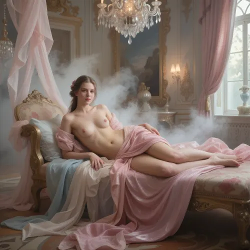 adult nude female muse in an opulent rococo palace, inspired by classical European oil paintings, reclining pose, grand chandelier, antique furnishings, delicate fabrics, soft window light, baroque elegance, painterly realism, rich textures, museum masterpiece, old master aesthetic, highly detailed, atmospheric perspective, fine art, timeless beauty.
Composition, The composition is centered around the figure of the woman, drawing the viewer's eye directly to her. She is placed slightly off-center, creating a more dynamic and engaging visual flow. The flowing fabric of her dress and the surrounding ethereal elements create a sense of depth and envelopment, with the foreground and background softly blurring. The negative space, particularly the misty, hazy background, helps to emphasize the subject and contribute to the overall sense of etherealness. The use of soft, organic shapes in the fabric and mist contrasts with the implied architectural elements in the background, adding a layer of visual interest.
Color Usage, The color palette is predominantly soft and muted, dominated by shades of blush pink, rose, and warm beige, with accents of pale blue and grey in the background. This limited and harmonious color scheme contributes significantly to the romantic and dreamy quality of the image. The soft diffusion of light within these colors enhances the sense of delicacy and creates a gentle, luminous effect. There are no harsh or contrasting colors, which further enhances the overall feeling of softness and tranquility.
Artistic Characteristics, The image exhibits a high degree of artistic sophistication, characterized by its soft focus, diffused lighting, and painterly quality. The texture of the fabric is rendered with great detail and fluidity, giving it a tangible yet airy feel. The woman's pose and expression convey a sense of pensive introspection and delicate grace. The overall aesthetic leans towards fantasy and surrealism, creating a scene that feels both intimate and otherworldly. The technique appears to be a digital creation that mimics the softness and blending of traditional painting or watercolor, possibly with elements inspired by photography that has been heavily stylized. The emphasis is on mood and emotion rather than sharp realism