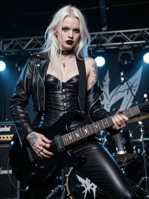 high quality, HD, Polish albino, 32 years old milf, best quality, gothic punk rocker, white messy long hair, black lipstick, tattoos, slim, long hair, black corset, leather jacket and long leather pants, playing black guitar, on punk rock stage