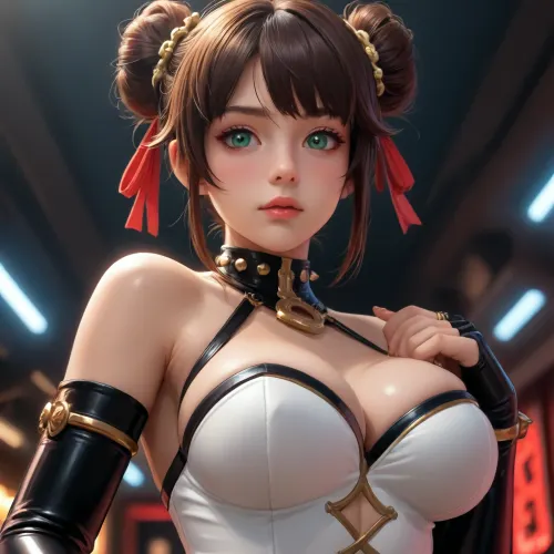 xiangling from genshin impact dross style reiq meets, ModelModel, Golden brown skin, dark brown hair styled in a high bun with loose strands, deep green eyes. Extreme curves with large, firm breasts. Attire, Opera gloves that extend to the armpits in shiny black vinyl, around the neck, a leather collar studded with silver spikes and small rhinestones. The bust is completely bare, decorated with the shimmer of body oil. Details, The model's gloved hands grip her own ribs just below her bust, acting as a support that further elevates her large breasts. Red neon light comes from below, sculpting the lower part of her chest and creating a sinful backstage atmosphere..