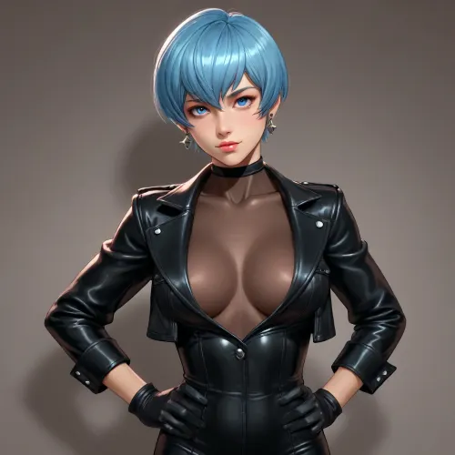 esdeath from akame ga kill dross style reiq meets, 1solo, adult, 20yo, skinny, futanari, posing, hands on hips, slim, (perfect feminine body), earrings, muscle tencion, ((short pixie hair)), blue eyes, (perfect beautiful face), smile, happy, (huge fake breasts), ((medium erect penis)), (((black leather jacket, long jacket, gloves, (mesh body stocking:1.5)))), (correct fingers, perfect fingers), clear dark grey background, (profile view), medium-level shot, side soft lighting, shadows