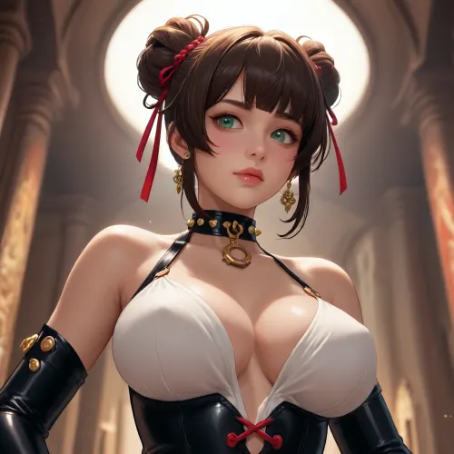 xiangling from genshin impact dross style reiq meets, ModelModel, Golden brown skin, dark brown hair styled in a high bun with loose strands, deep green eyes. Extreme curves with large, firm breasts. Attire, Opera gloves that extend to the armpits in shiny black vinyl, around the neck, a leather collar studded with silver spikes and small rhinestones. The bust is completely bare, decorated with the shimmer of body oil. Details, The model's gloved hands grip her own ribs just below her bust, acting as a support that further elevates her large breasts. Red neon light comes from below, sculpting the lower part of her chest and creating a sinful backstage atmosphere..