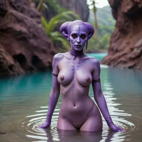 A naked twi'lek in a purple lagoon.
