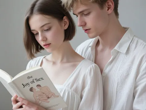 hyper-realistic, razor sharp focus, ethereal and precise, young adult girl and boy, (porcelain white skin smooth as polished marble, thin, brown hair in short bob, hazel eyes), she is looking down reading a paperback "the Joy of Sex", the cover has a pencil drawing of a couple fucking, she is unaware of the viewer, (he has untidy blond hair, simple shirt, open), She is wearing a long white linen blouse, delicate embroidered detail, fine pintucks, the blouse hangs loose and open.

The skin the entire subject of the image, soft diffused light from a single source, no harsh shadows, the skin so pale it generates its own luminosity, ivory and white and the faintest blush of pink, the background soft and dissolving into pale grey, hyper realistic skin texture, flawless
porcelain skin, no visible skin textures or hairs, luminous and translucent