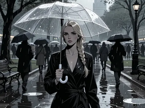 A cinematic noir graphic novel illustration of a beautiful woman walking through a public park among many people on a rainy day, holding a transparent umbrella. She has a calm, reflective expression and blonde hair in a long elegant braid draped over one shoulder. She is the obvious focal point, while other park visitors carrying dark opaque umbrellas and wearing raincoats move through the rainy background. The park contains wet trees, puddles, benches, and reflective pathways under soft gray daylight. Render the scene as a noir graphic novel panel with dramatic black-and-white contrast, deep shadows, selective muted grayscale tones, bold brush-and-ink linework, strong silhouette design, moody rain textures, and graphic storytelling. The woman should be luminous and visually striking within the otherwise darker crowd. The transparent umbrella should remain readable, with rain streaks and beads of water across it. The park should feel atmospheric, urban, wet, and melancholic, with layered crowd composition, realistic anatomy, expressive eyes, realistic hands, wet reflections, and a quietly romantic but noir-inflected mood. The result should feel like a sophisticated modern graphic novel page, not a simple sketch and not photorealistic.