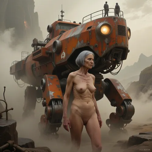 A full-body view at a distance of 6 meters, from head to toe. A cinematic sci-fi fantasy artwork, (an aged nude woman, 70 years old, her skin is that of a 70-year-old woman. The old lady has grey, Small, long, and very saggy breasts, old, wrinkled, and sagging skin, typical of her age of 70, with stretch marks, ((very detailed skin)), . Hair cut in a bob., (masterpiece, best quality, highly detailed:1.2), cinematic concept art of a colossal, weathered, rust-orange mechanical walking ship, futuristic scavenger aesthetic, steampunk influence, textured metal plates, large front headlight glowing warmly, heavy mechanical legs walking through dense atmosphere, two silhouetted human figures standing on top deck, vast mysterious landscape in the background, misty ethereal environment, soft diffused lighting, dramatic shadows, muted earthy color palette, epic scale, intricate machinery, rugged industrial design, oil painting style, brushstrokes, atmospheric perspective, Greg Rutkowski style, Simon Stålenhag aesthetic, volumetric fog.)