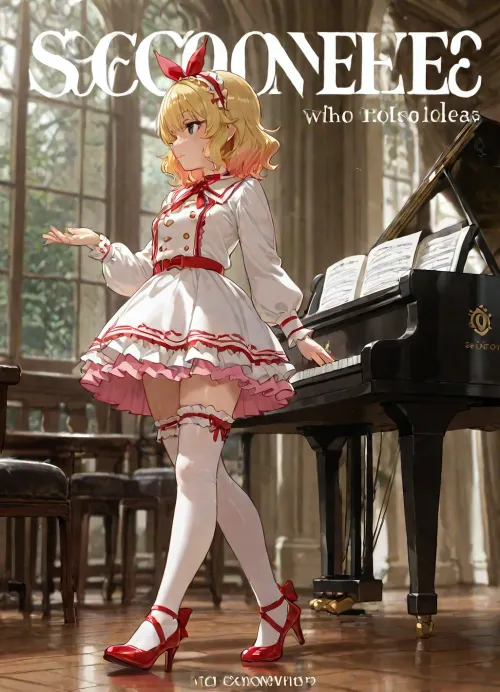 (Highly detailed face:1.5), profile, (pink:1.5), (Someone who looks like Momoka Sakurai from U149:1.5), Momoka Sakurai, (The iDOLM@STER, Shiny Colors\), (Retro curled blonde hair:1.2), short hair, extravagant floral headdress, (Momoka Sakurai's ruffled headband:1.2), beautiful green eyes, dress, closed mouth, bow, thighhighs, ribbon, standing, full body, multicolored hair, shoes, hair ribbon, frills, parted lips, artist name, white dress, english text, white thighhighs, character name, high heels, red ribbon, thigh strap, gradient hair, zettai ryouiki, copyright name, frilled dress, puffy long sleeves, cover, building, instrument, musical note, walking, eighth note, beamed eighth notes, musical note hair ornament, piano, title, grand piano, sheet music, shiny skin, oiled skin, dynamic pose, dynamic view, bending back, detailed artwork, clean composition, vibrant colors, featuring high-resolution textures and sharp details.perfecteyes, <lora:荻pote_XL:1.4>, <lora:sakuraimomoka_animagine_v1:1.4>, <lora:LCMTurboMix_Euler_A_fix:.5>, <lora:PerfectEyesXL:.8>