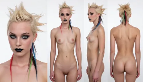 Four photos of the same woman in a single image.
On the left is a portrait of the woman, then, from left to right, a full-body shot from the front, a full-body shot from the side, and a full-body shot from the back.
A naked 20-year-old punk woman, with small breasts and a perfectly shaved vagina, short hydrogen-blonde hair sticking out in all directions, with several intensive strands of different colors, (red, green, blue, pink), darkly made-up eyes, black lipstick, looks aggro. white background
