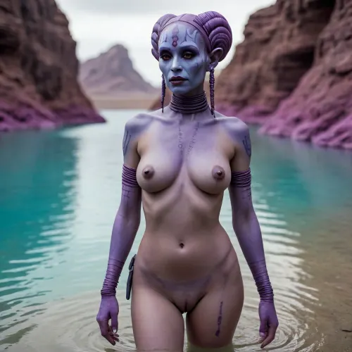 A naked twi'lek in a purple lagoon.