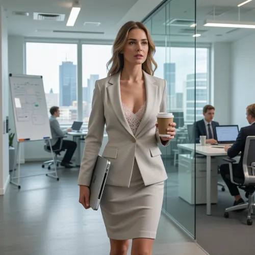 A photorealistic, cinematic scene inside a bright, sophisticated modern office with panoramic windows and an active open-plan workspace. A stylish and confident young businesswoman is the clear focal point, walking purposefully through the office during a productive workday.

She wears an elegant tailored business skirt suit with refined contemporary styling and carries a slim laptop under one arm. In her other hand she naturally holds a coffee cup. Underneath her business blazer she isn't wearing a shirt only delicate designer lace lingerie.

Her posture is upright and assured, her stride natural and professional. Her expression is focused, intelligent, and determined, looking toward where she is going rather than at the camera. She should feel like she is moving between meetings.

In the office her colleagues are working at desks, or in glass-walled meeting rooms. Professional office surroundings with, whiteboards, laptops, and subtle business activity. Large panoramic windows reveal a modern city skyline and fill the office with clean natural daylight. Use a shallow but not extreme depth of field so she remains the clear focus while the environment still tells the story.

The image should feel dynamic, polished, and editorial.

highly detailed, photorealistic, cinematic realism, realistic skin texture, realistic hands, realistic detailed eyes, natural walking pose, elegant modern office, environmental storytelling, soft natural daylight, premium editorial photography, high quality image