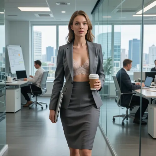 A photorealistic, cinematic scene inside a bright, sophisticated modern office with panoramic windows and an active open-plan workspace. A stylish and confident young businesswoman is the clear focal point, walking purposefully through the office during a productive workday.

She wears an elegant tailored business skirt suit with refined contemporary styling and carries a slim laptop under one arm. In her other hand she naturally holds a coffee cup. Underneath her business blazer she isn't wearing a shirt only a delicate designer lace bra.

Her posture is upright and assured, her stride natural and professional. Her expression is focused, intelligent, and determined, looking toward where she is going rather than at the camera. She should feel like she is moving between meetings.

In the office her colleagues are working at desks, or in glass-walled meeting rooms. Professional office surroundings with, whiteboards, laptops, and subtle business activity. Large panoramic windows reveal a modern city skyline and fill the office with clean natural daylight. Use a shallow but not extreme depth of field so she remains the clear focus while the environment still tells the story.

The image should feel dynamic, polished, and editorial.

highly detailed, photorealistic, cinematic realism, realistic skin texture, realistic hands, realistic detailed eyes, natural walking pose, elegant modern office, environmental storytelling, soft natural daylight, premium editorial photography, high quality image