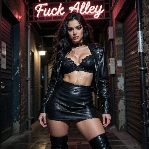 ((30 yo romanian instagram model, black satin and lace bra, black leather mini skirt, black knee high boots and black leather jacket)), (()), in dark alleyway, dark hair, big load OF CUM on her, deep perspective, ((long messy wavy tousled after sex hair frames her)), tousled hair, perfect body, pov, ((with the words " Fuck Alley" in neon sign above her)), <lora:JustCum:2>, <lora:texta:2>, <lora:RMSDXL_Darkness_Cinema:1.8>, solo_focus, <lora:attractive_notrigger:1.5>, <lora:BUT_SDXL_SHS:1.9>