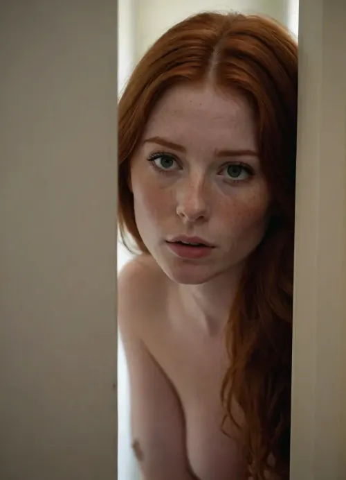 Picture taken through a tiny keyhole in a bedroom door that is in the foreground, Creepy peeping-tom spying image, ((voyeuristic)), peering through a keyhole in the door at a 25 year old athletic busty woman, redhead, slut wife, she is unaware looking away, door obscures most of the image, she is lying nude on herbed, long jet redhead hair, she is looking at her phone, laying, realistic detailed face, realistic detailed skin blemishes, freckles, pores, ultimate realism, looking away, whole body