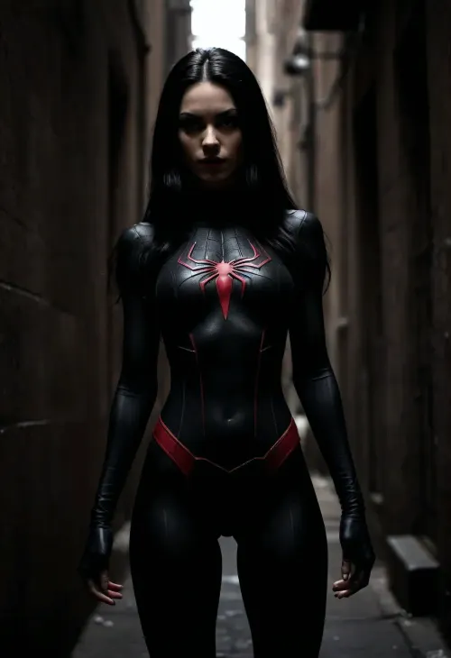 very slim and slender girl in black spiderman outfit, spiderman noir, very long black hair, dark back alley, full body view, very sexy, extreme erotic picture, <lora:dark:.8>