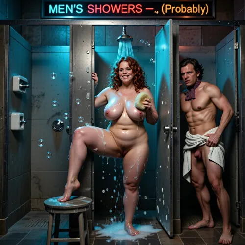 a mature woman, naked curly redhead BBW, massive fat tits, hairy pussy, in an old-fashioned men’s communal shower cubicle stands calmly beneath one of the showerheads that is raining glowing blue water. Happily soaping herself all over in an highly animated fashion with a big sponge, her foot up on a small stool, smiling. Lots of bubbles on her, and blue glowing bubbles floating in the air.
Either side of her are other open shower cubicles. A neon sign reads “MEN’S SHOWERS —, (Probably), ”, while a confused naked Victorian-era gentleman peers around the doorway of the next cubicle, looking at the woman while holding a towel around his waist and looking utterly baffled with an erection peeping out of the towel. The whole scene has a dreamlike, absurdist comedy style.