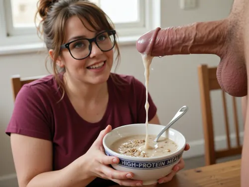 A 45-year-old woman with light brown hair—featuring reddish highlights and styled in a messy updo—wears large glasses, she is cute, attractive, charismatic, obese, and very full-figured, dressed in a dark pink T-shirt. She smiles warmly while looking up at the ceiling, holding a cereal bowl labeled "HIGH-PROTEIN MEAL." The scene is an eye-level close-up captured in a naturally lit interior—likely a kitchen or dining room—with soft light streaming through a window. She sits at a wooden table, delicately holding the bowl filled with a thick, creamy liquid and oats, while a large, realistic penis enters the frame from the right, ejaculating a thick, creamy fluid into the cereal bowl. The focus is sharp on the bowl and the stream of fluid, leaving the woman slightly blurred in the background to create a shallow depth of field. The lighting is soft and even, highlighting natural skin tones and the glossy texture of the fluid. The background is uncluttered, showing only a simple wooden chair and a white wall, keeping the focus on the central action. The overall style is hyper-realistic, featuring a high level of detail and a tone that is slightly humorous and surreal, arising from the contrast between the mundane setting and the explicit content.