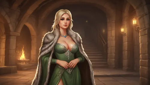 (one woman, Betrid from Skyrim, 50 year old, scandinavian, blonde medium hair, medium breasts, serious face expression), (inside medieval stone house, silver stone walls), (wearing brown fur shawl and noble ornamental green dress open exposing breasts and body), (standing, hands on hips), (artwork, digital painting, fantasy art, loading screen art style), <lora:LegendDarkFantasy-000001:.5>, <lora:SumTim:.1>, <lora:SDXLSamDoesArts:.3>