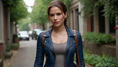 Lara Croft, wearing dark blue jeans, a dark gray T-shirt, and an unbuttoned leather jacket on top, beautiful lipstick on her lips, her hair in a braid and chestnut-colored hair flowers, brown eyes, wearing sneakers, and carrying a handbag on her hand
