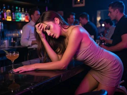 Ultra low-key cinematic nightclub realism, dramatic underexposure, deep blacks, saturated neon magenta and electric blue separation, warm amber rim light, glossy reflections, smoky haze, subtle analog film grain, premium full-frame mirrorless look, thirty-five millimeter prime lens, f one point four, shallow depth of field, crisp foreground detail. At a crowded bar, a woman, 28 years old, visibly extremely drunk, leaning hard on the polished counter with both hands, shoulders tight, head tilted down, hair falling across her face, cheeks flushed, eyes glossy and unfocused, lips parted, looking overwhelmed and sick yet still magnetic in a nightclub way. short fitted party dress with slightly twisted straps, subtle rumples, glitter catching the neon, smudged eyeliner, delicate jewelry, one heel angled awkwardly, a half-spilled cocktail nearby. Background crowd and bartender blurred in soft focus, colorful bottles glowing behind, absolute focus on her posture and emotional state, realistic skin texture, natural hands, strong line definition, fabric weave, glass refraction