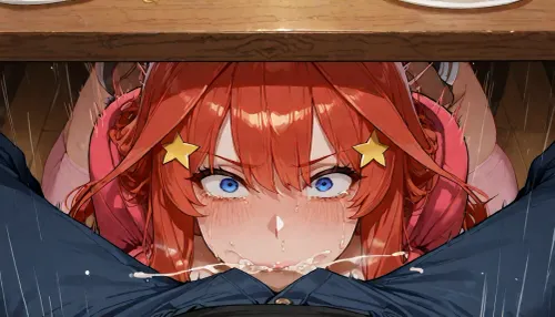 dark anime Style, Nakano Itsuki from quintessential quintuplets, unrealistically huge breasts hoodie, shorts, pink thighhighs, restaurant, under table, unbuttoned pants, fellatio, motion lines, mouth drool, male pov, hand on another's head, forced against their will deep throat, surprised, cumshot in mouth, crazy eyes, being raped, screaming, crying, extreme pain, detailed face, <lora:detailed_notrigger:2>, <lora:add-detail-xl:1.2>, <lora:attractive_notrigger:1.2>, <lora:LCMTurboMix_Euler_A_fix:1.2>