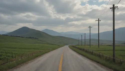 (in Michael Whelan art style), straight narrow old asphalt road stretches away into the distance, along the road are bright green fields and poles with wires on the right, a bright blue sky with white clouds, low mountains on the horizon far away, (saturated bright colors, high definition image, high contrast colors)