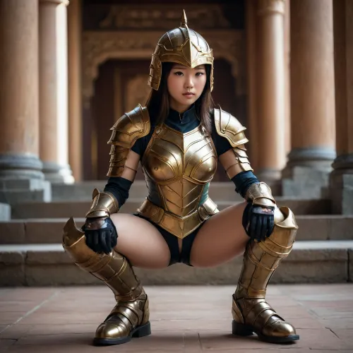 (nsfw), 18 year old asian young adult girl, abstract beauty, approaching perfection, dynamic, paladin armor, boots, squatting, palace, helmet