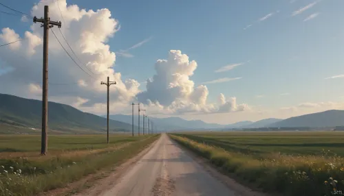 (in Michael Whelan art style), straight narrow old asphalt road stretches away into the distance, along the road are bright green fields and poles with wires on the right, a bright blue sky with white clouds, low mountains on the horizon far away, (saturated bright colors, high definition image, high contrast colors)
