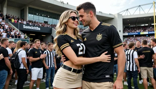 Photorealistic photo of a happy couple meeting at a packed football stadium entrance before the match. Attractive woman with long wavy blonde hair, sunglasses, black and gold football jersey, beige mini skirt and black belt. Handsome man with short dark hair, light beard, black football jersey with club crest and beige shorts. They smile and hug each other, his arm around her waist. Background, large modern stadium, crowd of fans wearing black and white striped jerseys, bright daylight, realistic skin texture, natural lighting, high detail, 8k.