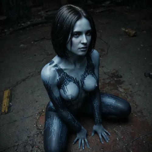 (Cortana:2), (blue skin:2), Melancholic naked woman squatting, skinny muscular body, pointy shoes, black pantyhose, ruined makeup, long hair, (big natural tits with large areolae), exhausted, wet, night storm, in the middle of a narrow street, raised hands, high angle, <lora:dark:.1>, Cortana, <lora:cortana_xl_v4:2>