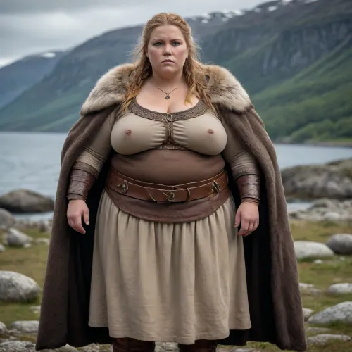 An extremely obese, very large and heavyset Scandinavian Viking woman warrior, with a clearly visible massive plus-size body and extremely broad, wide silhouette. She is morbidly obese, with a very large waist, wide hips, large arms, thick legs, and a massive body shape. Her extreme obesity must be clearly visible despite her clothing and fur garments. She is a powerful, imposing obese warrior, not slim, not average weight, not athletic, not muscular.

Full body seen entirely from behind, standing on the rocky shore of a dramatic Nordic fjord, looking toward the distant horizon.

Ancient Scandinavian landscape, steep mountains surrounding the fjord, dark cold water, dramatic Nordic sky, natural overcast light, subtle mist in the distance. No modern objects, no modern buildings, no fantasy elements. Historically accurate Viking Age atmosphere, archaeological authenticity, realistic clothing construction and materials.

She wears an authentic Viking Age bear pelt over her shoulders, but her massive obese body remains clearly visible. The bear pelt is worn as a short shoulder mantle and does not hide her large body shape. She wears historically accurate wool and linen clothing fitted to her extremely large body.

Cinematic composition, professional historical photography, ultra-realistic, photorealistic, extremely detailed skin and fabric textures, natural body proportions, realistic anatomy, realistic lighting, atmospheric depth, documentary style, high-end professional photography, 8k, sharp focus, subtle filmic color grading.