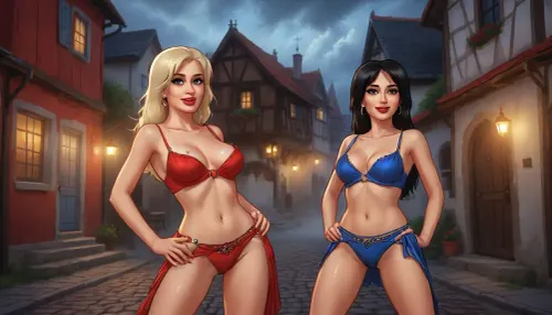 (two women, french, mature 50 year old, blonde and black hair, sensual smiles, red lips, small breasts, dancing sexy striptease), (wearing skimpy bellydancing outfits, red and blue), (medieval german town, half-timbered houses with white walls and black roofs, people in background), evening, close view, (artwork, digital painting, fantasy art, loading screen art style), <lora:SDXLSamDoesArts:.1>, <lora:SumTim:.1>, <lora:Sinister_Style_SDXL:.1>
