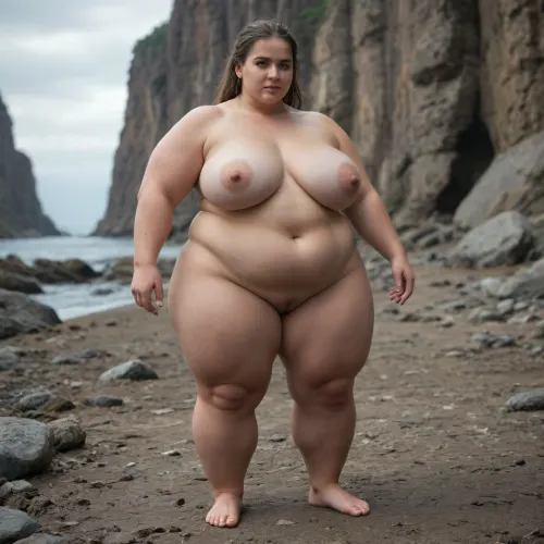 3/4 face, An extremely obese, very large and heavyset Scandinavian Viking woman warrior nude, with a clearly visible massive plus-size body and extremely broad, wide silhouette. She is morbidly obese, with a very large waist, wide hips, large arms, thick legs, and a massive body shape. Her extreme obesity must be clearly visible. She is a powerful, imposing obese warrior, not slim, not average weight, not athletic, not muscular.“extremely obese” + “massive plus-size body” + “morbidly obese”

Full body seen entirely, standing on the rocky shore of a dramatic Nordic fjord, looking toward the distant horizon.

Ancient Scandinavian landscape, steep mountains surrounding the fjord, dark cold water, dramatic Nordic sky, natural overcast light, subtle mist in the distance. No modern objects, no modern buildings, no fantasy elements. Historically accurate Viking Age atmosphere, archaeological authenticity.

She is nude, her massive obese body remains clearly visible.

Cinematic composition, professional historical photography, ultra-realistic, photorealistic, extremely detailed skin and fabric textures, natural body proportions, realistic anatomy, realistic lighting, atmospheric depth, documentary style, high-end professional photography, 8k, sharp focus, subtle filmic color grading.