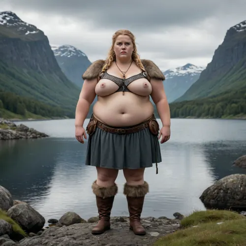 An extremely obese, very large and heavyset Scandinavian Viking woman warrior, with a clearly visible massive plus-size body and extremely broad, wide silhouette. She is morbidly obese, with a very large waist, wide hips, large arms, thick legs, and a massive body shape. Her extreme obesity must be clearly visible. She is a powerful, imposing obese warrior, not slim, not average weight, not athletic, not muscular.“extremely obese” + “massive plus-size body” + “morbidly obese”

Full body seen entirely, standing on the rocky shore of a dramatic Nordic fjord, looking toward the distant horizon.

Ancient Scandinavian landscape, steep mountains surrounding the fjord, dark cold water, dramatic Nordic sky, natural overcast light, subtle mist in the distance. No modern objects, no modern buildings, no fantasy elements. Historically accurate Viking Age atmosphere, archaeological authenticity.

She is nude, her massive obese body remains clearly visible.

Cinematic composition, professional historical photography, ultra-realistic, photorealistic, extremely detailed skin and fabric textures, natural body proportions, realistic anatomy, realistic lighting, atmospheric depth, documentary style, high-end professional photography, 8k, sharp focus, subtle filmic color grading.