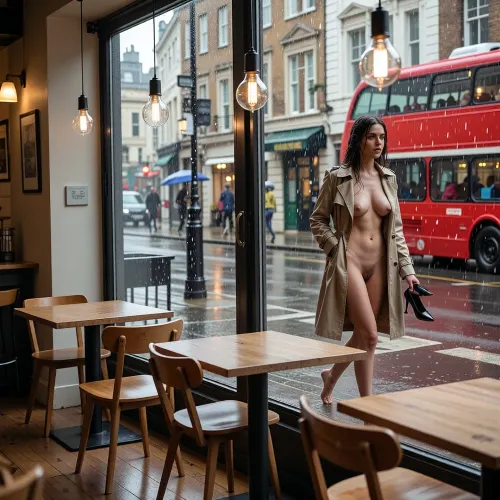 Cinematic street photography, editorial style. A view from inside a cozy London cafe onto a rainy street through a large floor-to-ceiling picture window. Water drips down the glass in places, distorting the view outside. A young woman walks outside in the rain.
Interior, (foreground), Empty wooden tables and chairs in a minimalist Scandinavian style are arranged near the window. Warm wooden floors. Several Edison bulbs in glass shades hang from the ceiling, casting a soft, amber-colored light that creates a cozy atmosphere. The interior is in warm beige and brown tones.
Outside, (background), Raindrops are visible on the glass. A wet London street in the rain. A young woman with long, dark, wet hair walks along the sidewalk behind a rain-streaked window. She's naked and barefoot, wearing a classic beige trench coat. She has large, pendulous breasts, a hairy vagina, and holds a pair of black high-heeled shoes in one hand. Her trench coat and hair are wet from the rain. A bright red double-decker bus, an iconic London symbol, passes by on the street. The wet asphalt reflects the light. Pedestrians with umbrellas and the facades of the city's old Georgian buildings are visible in the background.
A melancholic, nostalgic mood. Cinematic composition, depth of field. Shot indoors.