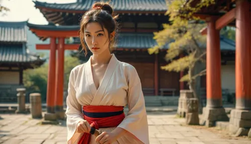 (cleavage), (toned legs), Street Fighter, high noon outside a shinto temple in ancient japan, two beautiful women warriors square off in katana fight, preparing to battle, open kimonos, (((cleavage))), (large natural breasts), <lora:MJ52:.8>, Chun, <lora:Chun-Li-SDXL:.8>