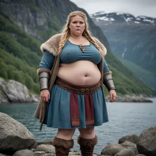 An extremely obese, very large and heavyset Scandinavian Viking woman warrior, with a clearly visible massive plus-size body and extremely broad, wide silhouette. She is morbidly obese, with a very large waist, wide hips, large arms, thick legs, and a massive body shape. Her extreme obesity must be clearly visible despite her clothing and fur garments. She is a powerful, imposing obese warrior, not slim, not average weight, not athletic, not muscular.“extremely obese” + “massive plus-size body” + “morbidly obese” + “clearly visible despite clothing”, (Full body seen entirely from behind, standing on the rocky shore of a dramatic Nordic fjord, looking toward the distant horizon.), Ancient Scandinavian landscape, steep mountains surrounding the fjord, dark cold water, dramatic Nordic sky, natural overcast light, subtle mist in the distance. No modern objects, no modern buildings, no fantasy elements. Historically accurate Viking Age atmosphere, archaeological authenticity, realistic clothing construction and materials.

She wears an authentic Viking Age bear mini skirt, but her massive obese body remains clearly visible. The bear pelt is worn as a mini skirt and does not hide her large body shape. She wears historically accurate wool and linen clothing fitted to her extremely large body.

Cinematic composition, professional historical photography, ultra-realistic, photorealistic, extremely detailed skin and fabric textures, natural body proportions, realistic anatomy, realistic lighting, atmospheric depth, documentary style, high-end professional photography, 8k, sharp focus, subtle filmic color grading.
