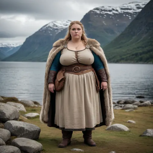 An extremely obese, very large and heavyset Scandinavian Viking woman warrior, with a clearly visible massive plus-size body and extremely broad, wide silhouette. She is morbidly obese, with a very large waist, wide hips, large arms, thick legs, and a massive body shape. Her extreme obesity must be clearly visible despite her clothing and fur garments. She is a powerful, imposing obese warrior, not slim, not average weight, not athletic, not muscular.“extremely obese” + “massive plus-size body” + “morbidly obese” + “clearly visible despite clothing”

Full body seen entirely from behind, standing on the rocky shore of a dramatic Nordic fjord, looking toward the distant horizon.

Ancient Scandinavian landscape, steep mountains surrounding the fjord, dark cold water, dramatic Nordic sky, natural overcast light, subtle mist in the distance. No modern objects, no modern buildings, no fantasy elements. Historically accurate Viking Age atmosphere, archaeological authenticity, realistic clothing construction and materials.

She wears an authentic Viking Age bear pelt over her shoulders, but her massive obese body remains clearly visible. The bear pelt is worn as a short shoulder mantle and does not hide her large body shape. She wears historically accurate wool and linen clothing fitted to her extremely large body.

Cinematic composition, professional historical photography, ultra-realistic, photorealistic, extremely detailed skin and fabric textures, natural body proportions, realistic anatomy, realistic lighting, atmospheric depth, documentary style, high-end professional photography, 8k, sharp focus, subtle filmic color grading.