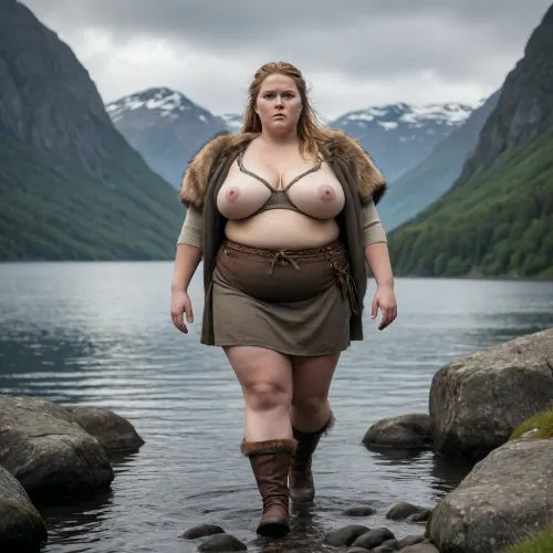 An extremely obese, very large and heavyset Scandinavian Viking woman warrior, with a clearly visible massive plus-size body and extremely broad, wide silhouette. She is morbidly obese, with a very large waist, wide hips, large arms, thick legs, and a massive body shape. Her extreme obesity must be clearly visible. She is a powerful, imposing obese warrior, not slim, not average weight, not athletic, not muscular.“extremely obese” + “massive plus-size body” + “morbidly obese” + “clearly visible despite clothing”

Full body seen entirely from behind, standing on the rocky shore of a dramatic Nordic fjord, looking toward the distant horizon.

Ancient Scandinavian landscape, steep mountains surrounding the fjord, dark cold water, dramatic Nordic sky, natural overcast light, subtle mist in the distance. No modern objects, no modern buildings, no fantasy elements. Historically accurate Viking Age atmosphere, archaeological authenticity.

She wears only a fur mini skirt and bra, but her massive obese body remains clearly visible. The bear pelt is worn as a mini skirt and mini bra and does not hide her large body shape. She wears historically accurate wool and linen clothing squizzing her extremely large body.

Cinematic composition, professional historical photography, ultra-realistic, photorealistic, extremely detailed skin and fabric textures, natural body proportions, realistic anatomy, realistic lighting, atmospheric depth, documentary style, high-end professional photography, 8k, sharp focus, subtle filmic color grading.