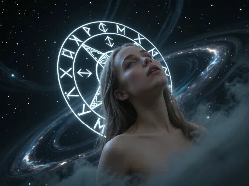(Dark Fantasy Artwork), artistic, low angle, 40 yo, belle caucasian female, ancient circular runic emblem, glowing white runes, inscribed on a mystical dark celestial background, floating in a cosmic void, surrounded by swirling ethereal nebula clouds and light dust particles, soft volumetric lighting, mysterious atmosphere, germanic mythology aesthetic, intricate runic carvings, glowing white light, dark mood, deep shadows, high contrast, ethereal, mystery, mystical fog, natural beauty