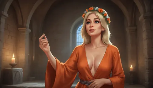 (one woman, mature 40 year old, blonde, small breasts, flower wreath on head, sensual smirk), (wearing medieval orange robe, exposing breasts), (worshipping naked inside medieval chapel of Dibella, silver stone walls), close view above waist, gray/blue ambience, (artwork, digital painting, fantasy art, loading screen art style), <lora:SDXLSamDoesArts:.1>, <lora:SumTim:.1>, <lora:Sinister_Style_SDXL:.1>