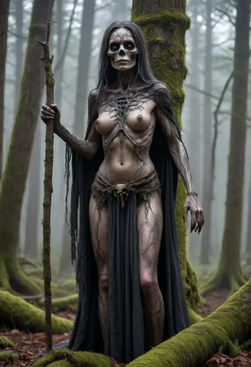 (Dark Cursed Fantasy Artwork), (smooth rendering and vibrant colors), outdoor, artistic, low angle, a 100-yo cursed forest hag emerges from a curtain of thick hanging moss, her form is a grotesque fusion of anatomy and nature, her skin resembling cracked gray bark from which tiny mushrooms sprout, she wears a garment of living cobwebs and dried peat, her face is a map of ancient malice, eyes like swirling mists, teeth of polished obsidian, slender gray-skinned claws clutch a staff of blackened rowan wood topped by an ancient skull, in the background a mist-shrouded primeval forest stretches out, ghostly dust-filled shafts of light, /KlTTY-ART/