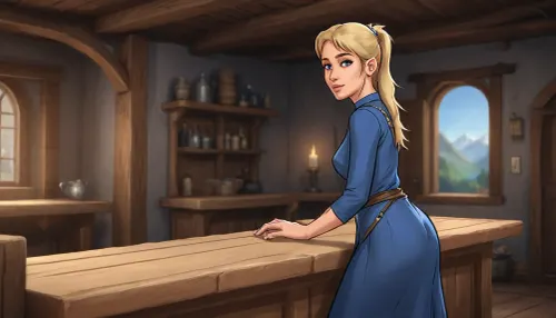 (Haelga from Skyrim, mature 50 year old, scandinavian, blonde medium hair ponytail, small breasts, seductive face), (inside medieval wooden shop without windows), (medieval blue dress), (standing behind a long wide wooden counter, bending down towards counter), closeup front view, (artwork, digital painting, fantasy art, loading screen art style), <lora:SumTim:.1>, <lora:SDXLSamDoesArts:.1>