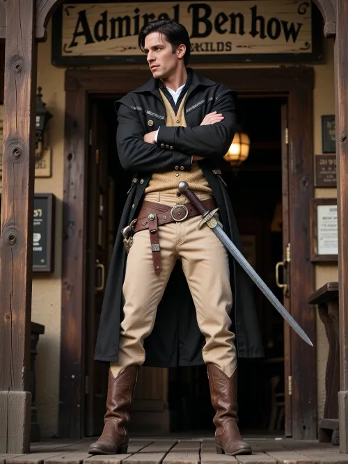 male dressed in traditional western outfit colored tan, brown and black. over the western outfit is a long duster style black jacket. the man has a long sword on his side modeled after a traditional European style. the belt the sword is on is loose fitting in the front. the male is wearing cowboy boots. the male has dark brown hair and is a bowl cut shave along the side of his head. his arms are crossed. he is looking to his left.
He is entering a Western style saloon entrance, The sign above the door reads “Admiral Benbow”, cinematic shot, dynamic lighting, 75mm, Technicolor, Panavision, cinemascope, sharp focus, fine details, 8k, HDR, realism, realistic, key visual, film still, cinematic color grading, depth of field.