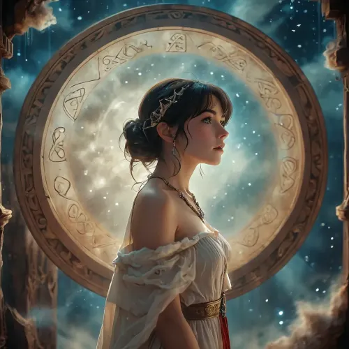 (vintage anime:2), artistic, low angle, side view, 40 yo, belle caucasian high female, ancient circular runic emblem, glowing white runes, inscribed on a mystical dark celestial background, floating in a cosmic void, surrounded by swirling ethereal nebula clouds and light dust particles, soft volumetric lighting, mysterious atmosphere, germanic mythology aesthetic, intricate runic carvings, glowing white light, dark mood, deep shadows, high contrast, ethereal, mystery, mystical fog, natural beauty, /KlTTY-ART/, <lora:COMFYUI_mimic_landscape_-_XL_SDXL v2.0:.1>, <lora:MJ52:.1>