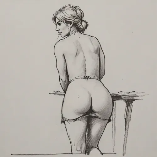 (Haelga from Skyrim, 30 year old, scandinavian, blonde medium hair, medium breasts), (medieval short dress lifted up exposing butt), (bending over, hands on buttcheeks, spreading ass), rear view, lineart, black and white, high contrast, bend ass, bent over, undressing, present ass, pencil sketch, monochrome, nude portrait, posing like artist's model, pencil, drawix17, dwx17, <lora:sketch_it:.8>, <lora:Pencil_Sketch-06R:.8>, <lora:drawix17:.8>