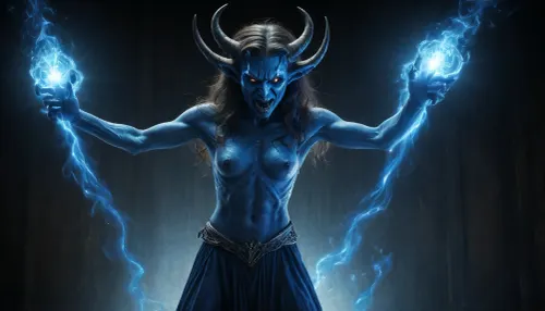 inkwork, mysterious, (WHIMSICAL:2), dark, fantasy, brilliant, ILLUSTRATION, (unhinged DEMON:1.5), BLUE LASER_LIGHT_painting