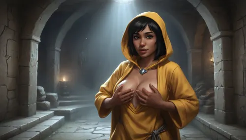 (Anwen from Skyrim, 40 year old, african, very dark tanned black skin, small breasts, very short black hair bobcut, neutral face), (inside medieval underground stone bathhouse, silver stone walls), (wearing yellow hood up, revealing open yellow medieval robes), (hands on breasts, squeezeing breasts), close-up view focusing on face above chest, blue atmosphere, (artwork, digital painting, fantasy art, loading screen art style), shirtspread, <lora:SDXLSamDoesArts:.1>, <lora:SumTim:.1>, <lora:Sinister_Style_SDXL:.1>