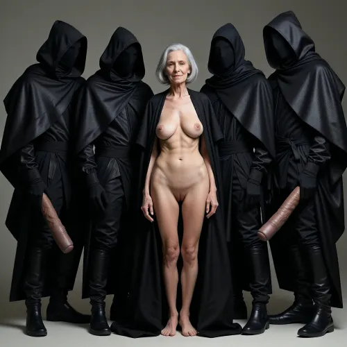 A full-body view at a distance of 4 meters, from head to toe. An elderly, innocent, topless, cheerful grandmother who's wearing a blouse, (an aged woman, 70 years old:1.8), . Her skin is that of a 70-year-old woman. The old lady has grey hair, (Small, long, and very saggy breasts:1.8), ((very detailed skin)), . Hair cut in a bob, surrounded by men's giant penises
A group of five figures standing together in a tight formation, mysterious and dark aesthetic, each person wearing long, voluminous black hooded cloaks, textured fabric with subtle glossy sheen, complete facial obscuration in deep shadows, neutral studio background, minimalist composition, avant-garde fashion photography style, high contrast, cinematic lighting, sharp focus, haunting atmosphere, monochromatic dark palette, 8k resolution, detailed drapery, high fashion runway look.