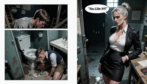 old art studio sketch drawing, A comic book front page., (4 panels), The page is a stark, high-contrast Pornografic composition with dramatic, heavy use of sharp, chiaroscuro lighting, The style is gritty, noir, and highly stylized, arranged to build tension and focus on the character's form and actions. masterpiece, best quality, cinematic lighting, ((character reference sheet:1.4)), (masterpiece:1.2), (Uber realistic), (ultra realistic), cuckold style, dark background, art capturing the style of Frank Miller body-focused composition from a high angle, alluring figure, dynamic composition, watercolor techniques integrated seamlessly into a maximalist masterpiece, hyperrealism, hypperrealistic, hyperdetailed, 64k, ultraHDR, casting harsh shadows and capturing every dirty, glistening detail. The atmosphere is one of pure degradation and sleazy abandon, ((uncensored)), (very dark background), ((Dr. Berger, white comic Bubble, "You Like It!!!")), A tense scene in a school restroom. A young male student, about 21 years old, is knelling in frontof a toilet seat in one of the stalls, His face is shamed, eyes down, He is licking the ground, The stall door is wide open. Standing in the doorway, filling the frame with her imposing presence, is the school's female principal. She is an elegant, facial wrinkles, Frau Berger, woman 60 years old, grey hair, (she is wearing a black blazer, black pleated skirt, high heels, white blouseand, her hair is in a tight, professional bun. massive tits, Her hands are on hips, and her expression is one of cold, disappointed fury mixed with a hint of cruel amusement. The lighting is harsh and fluorescent, casting stark shadows and highlighting the sterile, tiled environment of the public restroom, emphasizing the student's humiliation.), ((Piss Puddle))