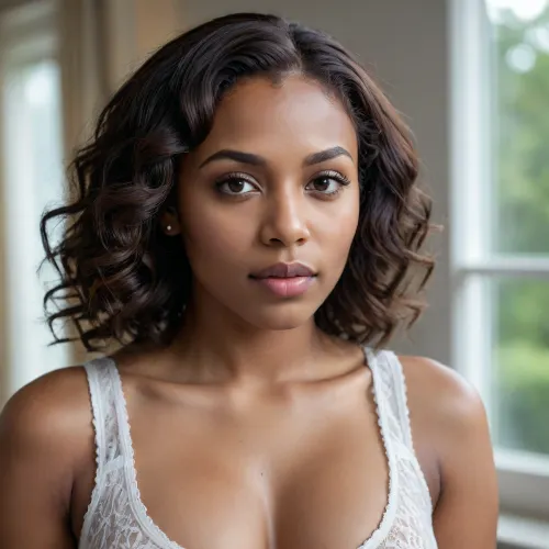 Photorealistic close-up portrait of a Black woman taken from a slightly low angle, tightly cropped from forehead to waist, centered composition. Soft natural indoor window light from the left produces gentle highlights and subtle shadows, warm neutral white balance, clear catchlights in both eyes. Dark wavy hair with loose curls and delicate flyaways frames the face, navy top with white trim visible at the neckline, big breasts. Expression calm and introspective, minimal makeup, realistic skin texture with visible pores and natural tones. Use a 50–85mm portrait lens equivalent, shallow depth of field, (f/1.8–2.8), to softly blur the background, ISO 100–200, 1/125s, high resolution. Post-processing, preserve authentic skin detail, avoid heavy smoothing, slightly enhance eyes and lashes for clarity, gently sharpen lips, subtle contrast and clarity boost, muted natural color grading, mild vignette, minimal film grain for texture. Output a high-fidelity, true-to-life photographic image with natural lighting and honest retouching., breasts, cutout, clothing, nipples, <lora:2BoutOvalSDXL2-000002:.8>